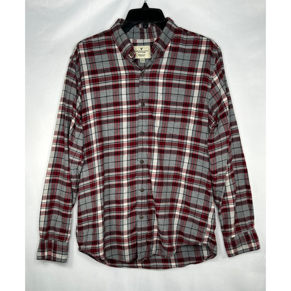 American Eagle Outfitters Mens Medium Red Grey Plaid Seriously Soft Flannel Top